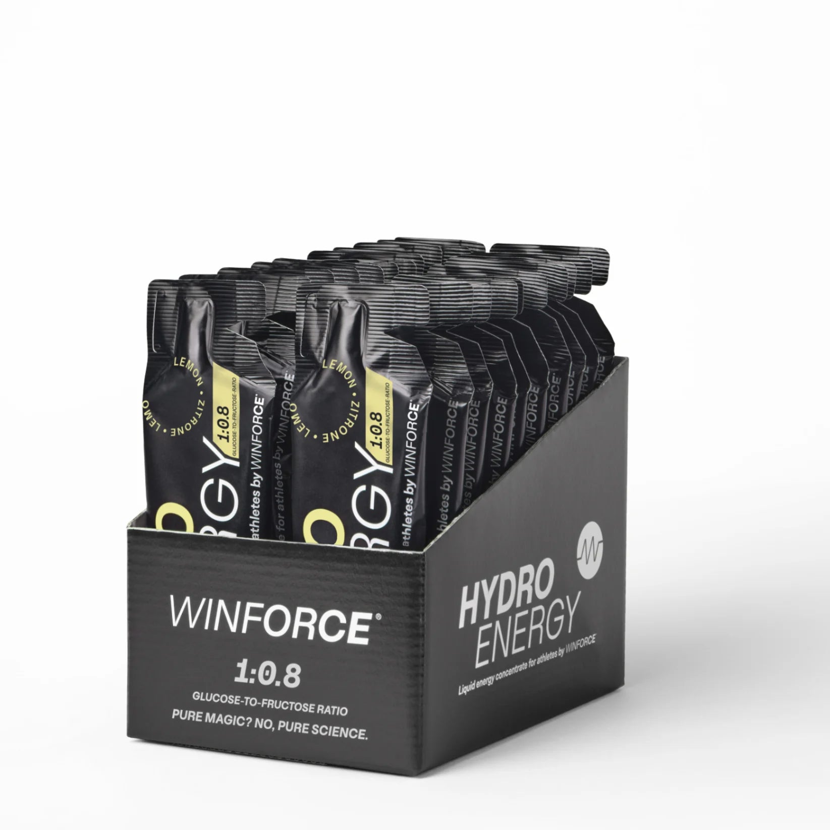 Ein schwarzer WINFORCE HYDRO ENERGY Display-Karton voller lemon-aromatisierter flüssiger Energiegel-Beutel. Dieses Sportlerkonzentrat mit 1:0.8 Glucose-Fructose-Verhältnis ist optimal für Ausdauer und Wettkämpfe.