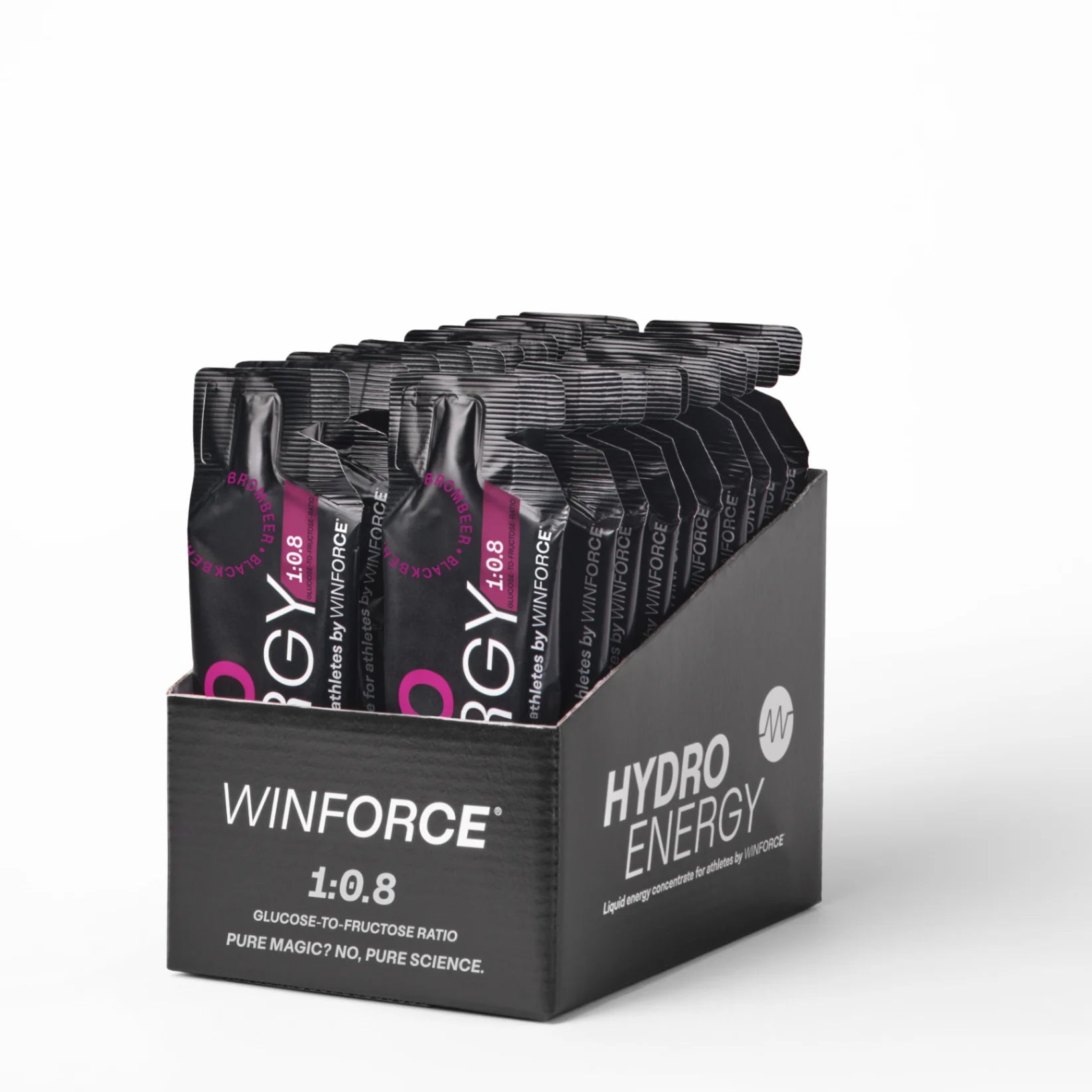Schwarze Karton gefüllt mit mehreren WINFORCE Hydro Energy Gelen der Sorte Brombeer. Die Beutel zeigen das 1:0.8 Glukose-Fruktose-Verhältnis, optimiert für Sportler als flüssiges Energiekonzentrat zur Leistungssteigerung.