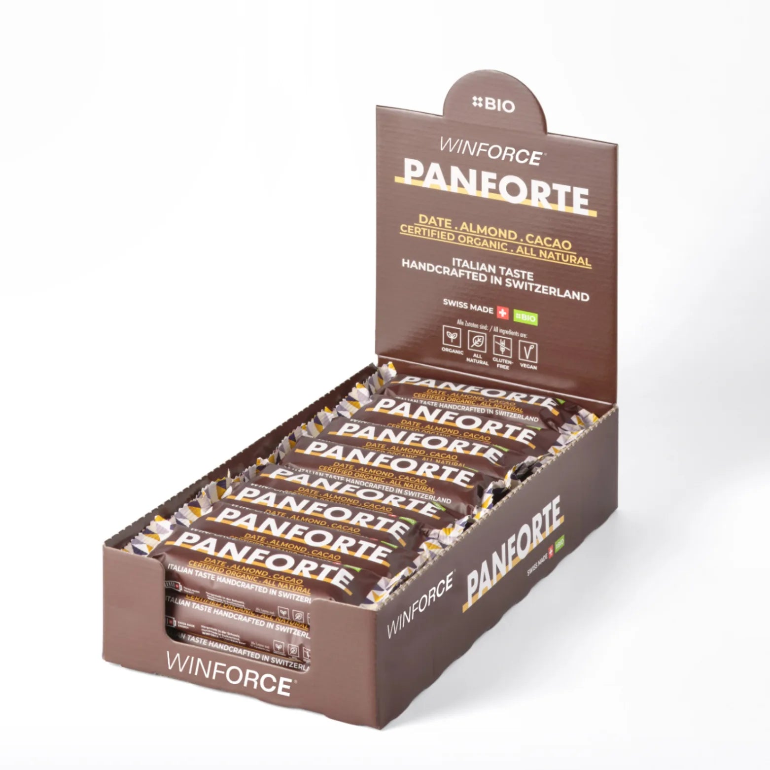 Eine braune Displaybox gefüllt mit WINFORCE Panforte Bio-Riegeln, die Dattel, Mandel und Kakao enthalten. Diese natürlichen Snacks sind zertifiziert biologisch, glutenfrei, vegan und handgefertigt in der Schweiz.